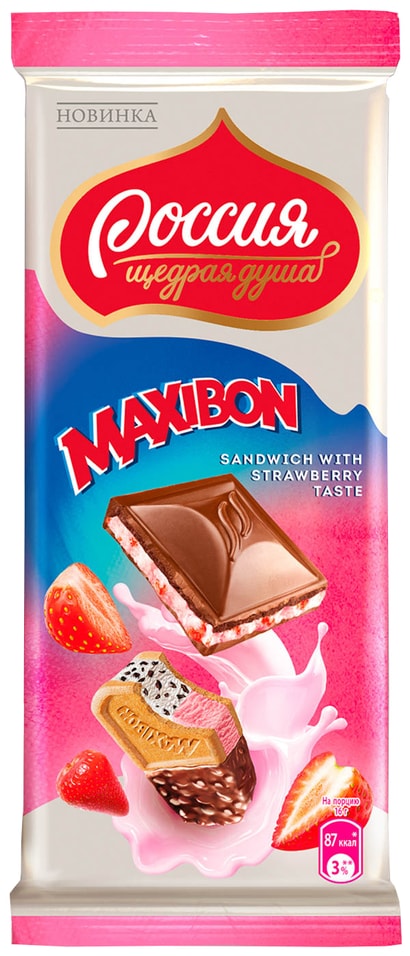 Шоколад Россия - щедрая душа Maxibon Молочный с двухслойной начинкой со вкусом клубники и печеньем 80г