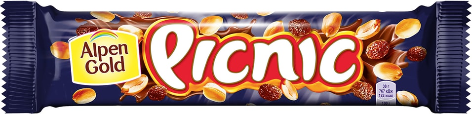 Шоколадный батончик Picnic с арахисом и изюмом 38г 55₽