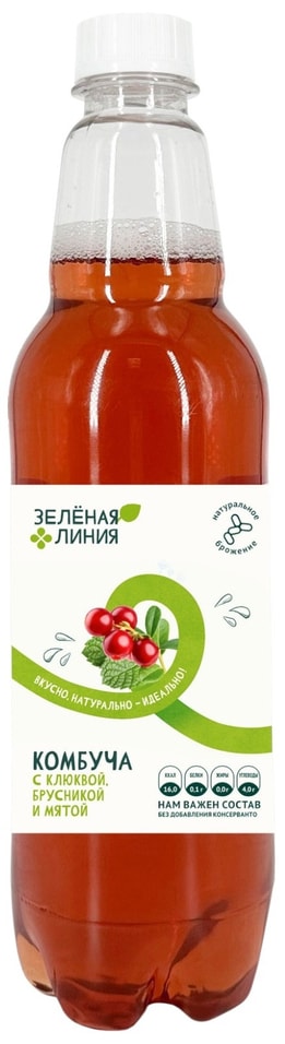 Напиток Зеленая линия на чайном грибе Комбуча клюква-брусника-мята 555мл