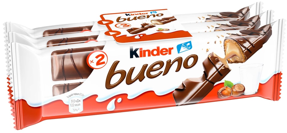 Вафли Kinder Bueno покрытые молочным шоколадом c молочно-ореховой начинкой 3шт*43г
