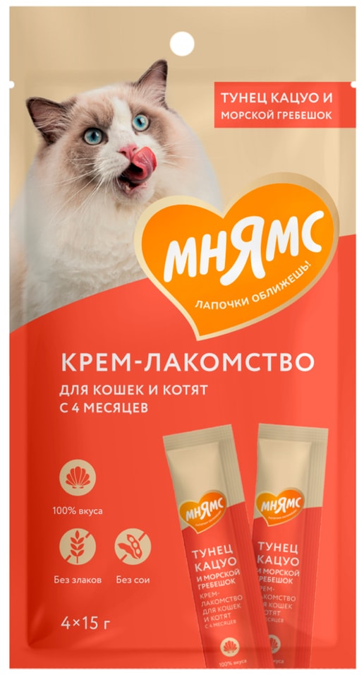 Крем-лакомство для кошек Мнямс с тунцом Кацуо и морским гребешком 15г4шт 229₽