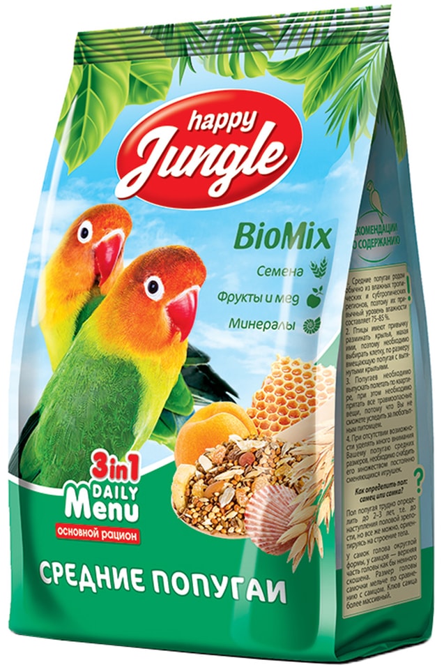 Корм для птиц Happy Jungle для средних попугаев 500г