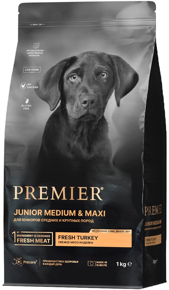 Сухой корм для собак Premier Dog Turkey Junior Medium&Maxi Свежее мясо индейки для юниоров 1кг