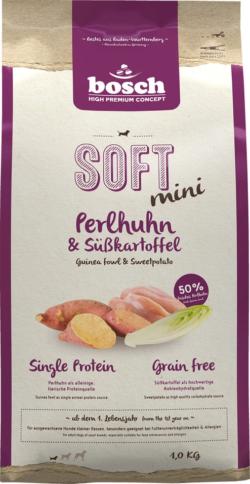Полувлажный корм для собак Bosch Soft Mini с цесаркой и бататом 1кг 1681₽