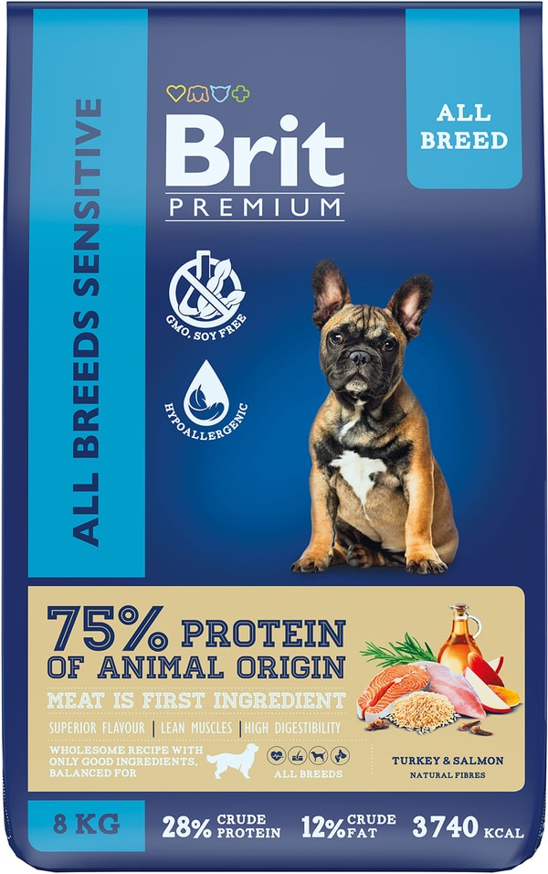 Сухой корм для собак Brit Premium Dog Sensitive с лососем и индейкой для чувствительного пищеварения 8кг
