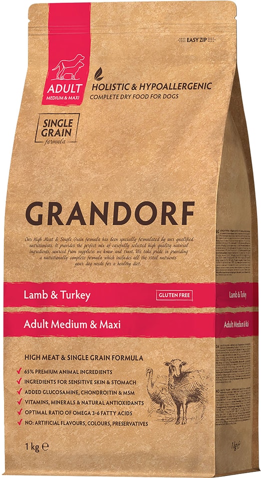 Сухой корм для собак Grandorf Adult Medium & Maxi для средних и крупных пород с ягненком и индейкой 1кг