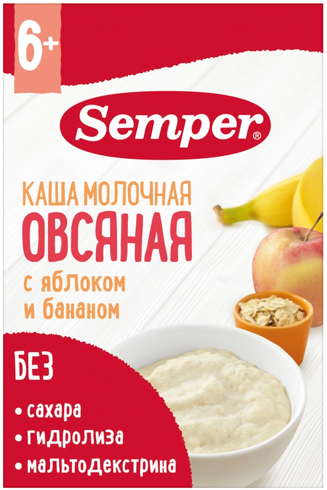 Каша Semper Овсяная с яблоком и бананом молочная с 6 месяцев 180г
