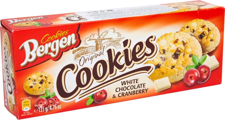 Печенье Bergen Original Cookies с кусочками белого шоколада и клюквой 135г