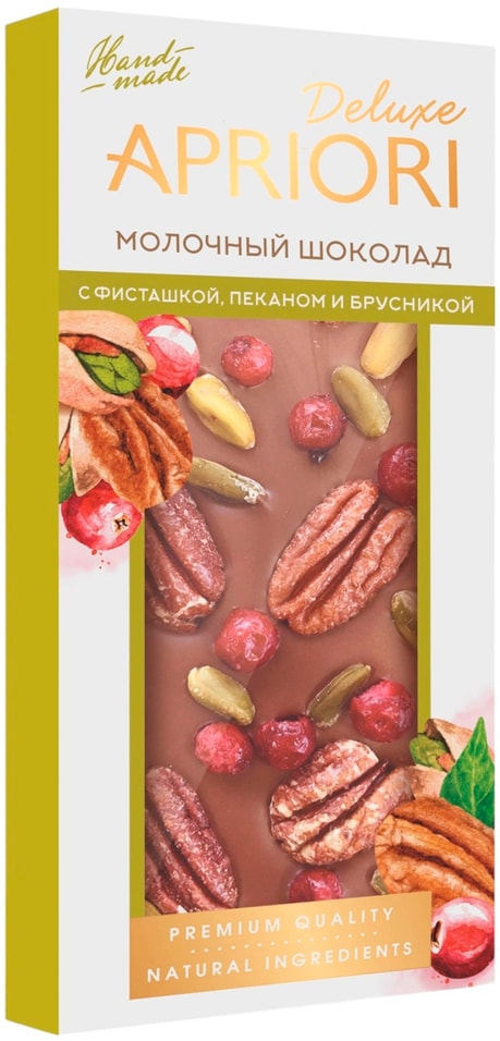Шоколад Apriori Deluxe молочный с фисташкой пеканом и брусникой 85г
