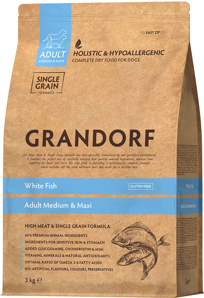 Сухой корм для собак Grandorf Adult Medium & Maxi для средних и крупных пород с белой рыбой 3кг