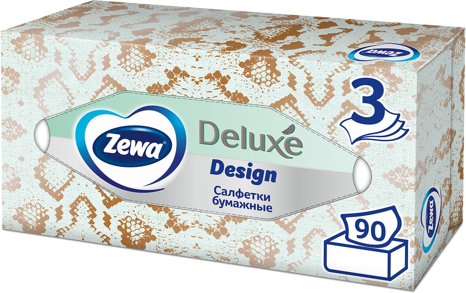Салфетки бумажные Zewa Deluxe Дизайн косметические 3 слоя 90шт в ассортименте