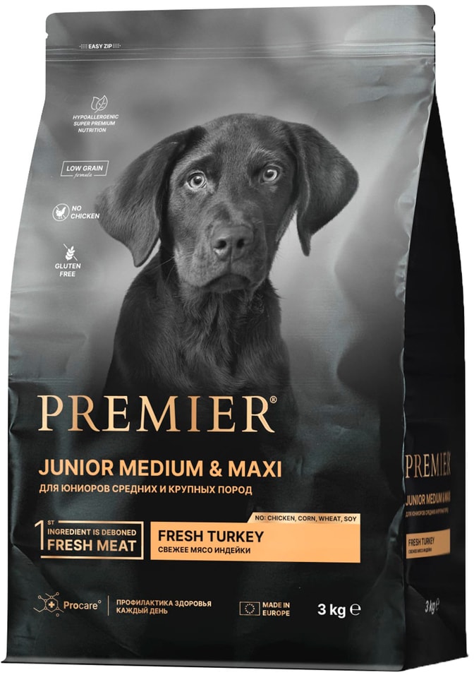 Сухой корм для собак Premier Dog Turkey Junior Medium&Maxi Свежее мясо индейки для юниоров 3кг