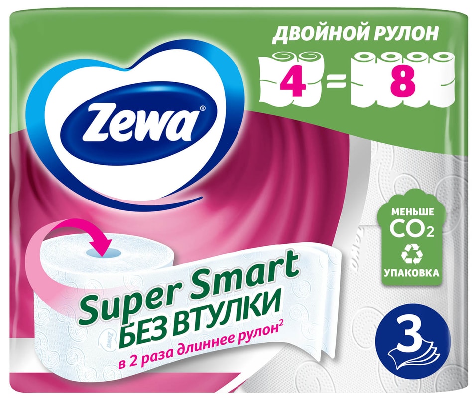 Туалетная бумага Zewa Super Smart без втулки 4 рулона 3 слоя от Vprok.ru