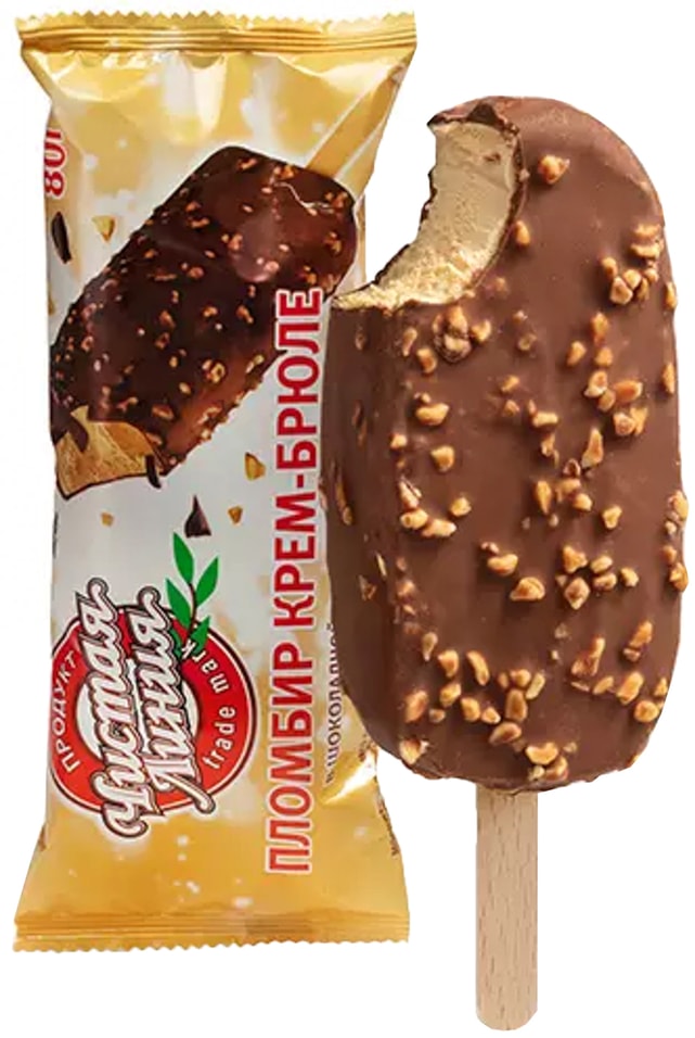 Мороженое Чистая Линия Пломбир Крем-брюле в шоколадной глазури с арахисом 80г
