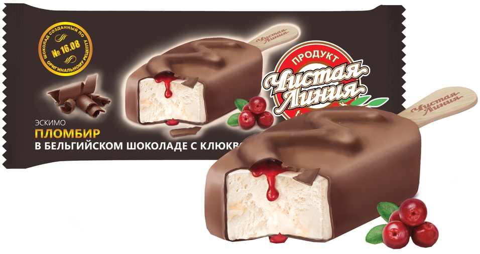 Мороженое Чистая Линия Пломбир в бельгийском шоколаде с клюквой 12% 80г