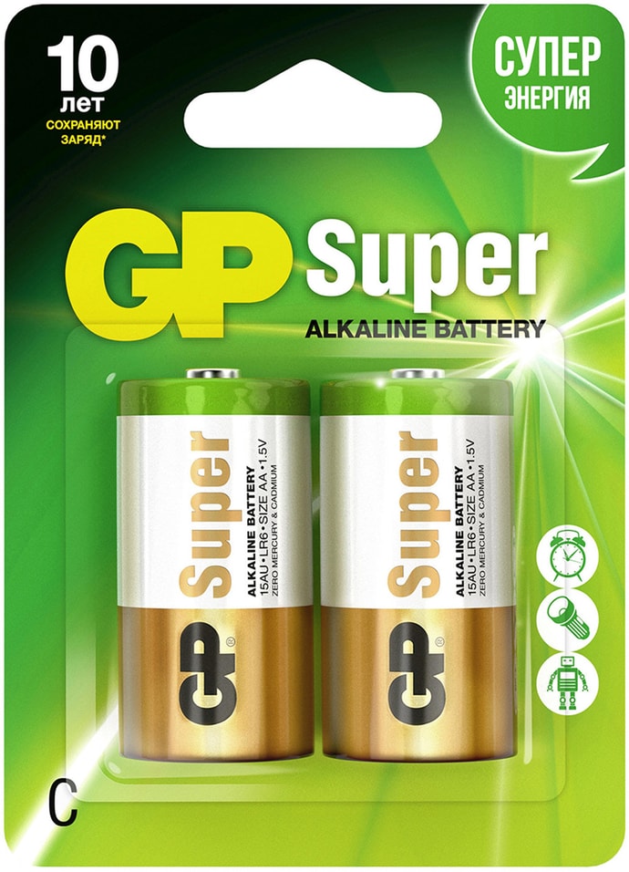 Батарейки GP Super 14A LR14 С 1.5В 2шт от Vprok.ru