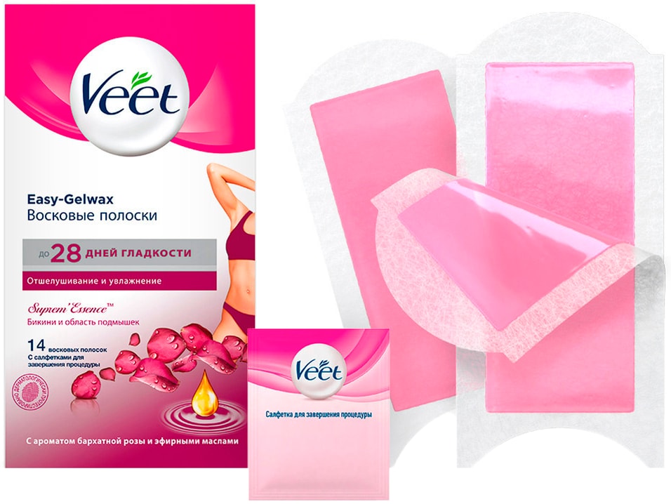 Восковые полоски Veet Easy-Gelwax для бикини и области подмышек Бархатная роза и эфирные масла 14шт