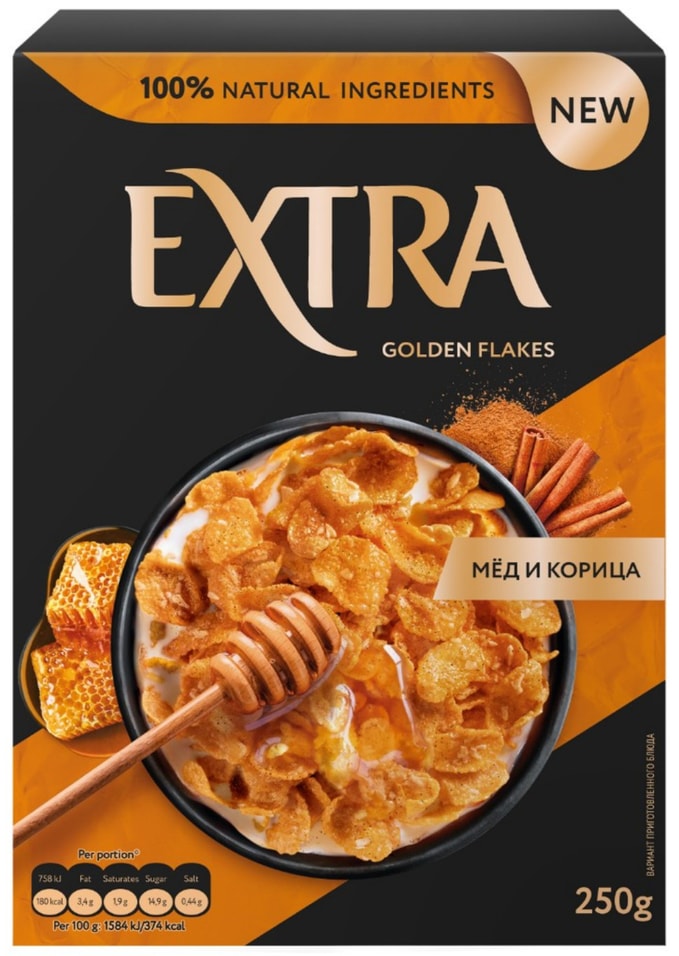 Хлопья Extra Golden Кукурузные с медом и корицей 250г
