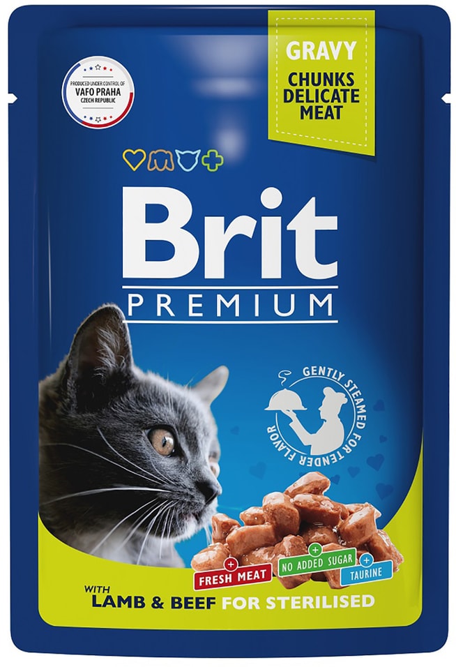 Влажный корм для взрослых кошек Brit Premium с ягненком и говядиной в соусе 85г