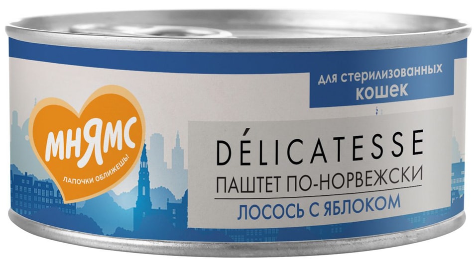 Влажный корм для кошек Мнямс Delicatesse Паштет по-норвежски Лосось с яблоком 100г 119₽