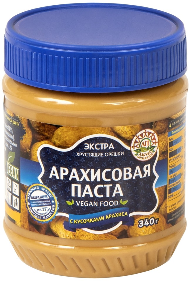Паста арахисовая Азбука продуктов Экстра с кусочками арахиса 340г от Vprok.ru