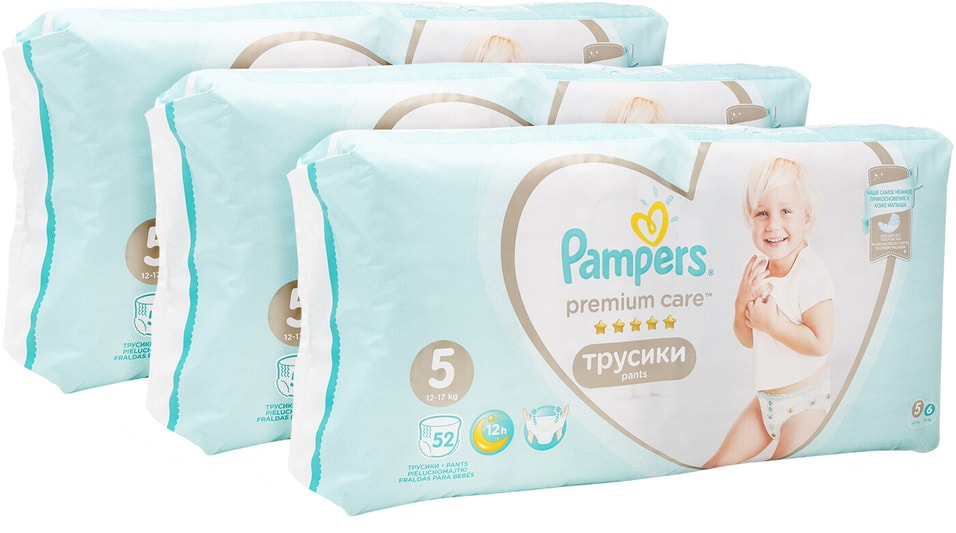 Подгузники трусики Pampers Premium Care 5 размер 12-17кг ультрамягкие 52шт упаковка 2 шт 3238₽