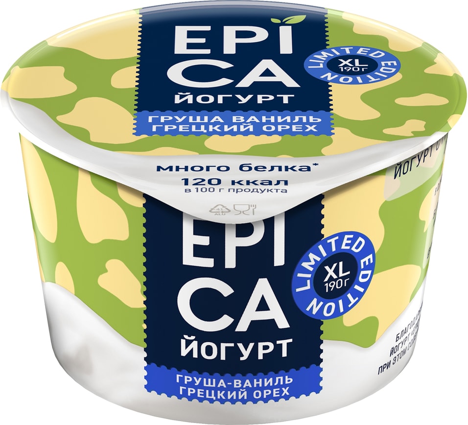 Йогурт Epica с грушей ванилью и грецким орехом 5.3% 190г от Vprok.ru