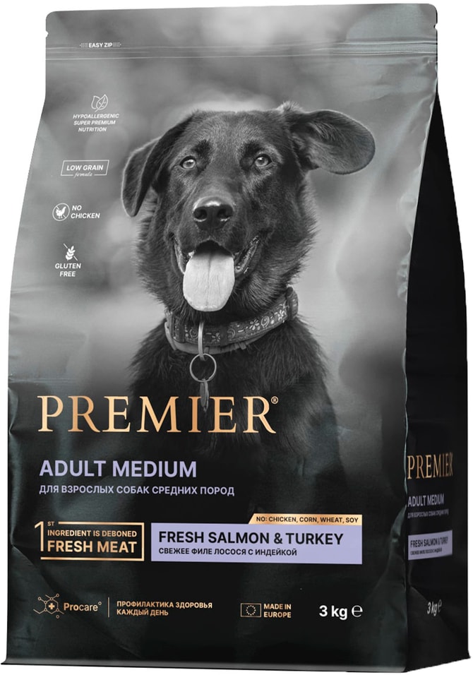 Сухой корм для собак Premier Dog Salmon&Turkey Adult Medium Свежее филе лосося с индейкой 3кг