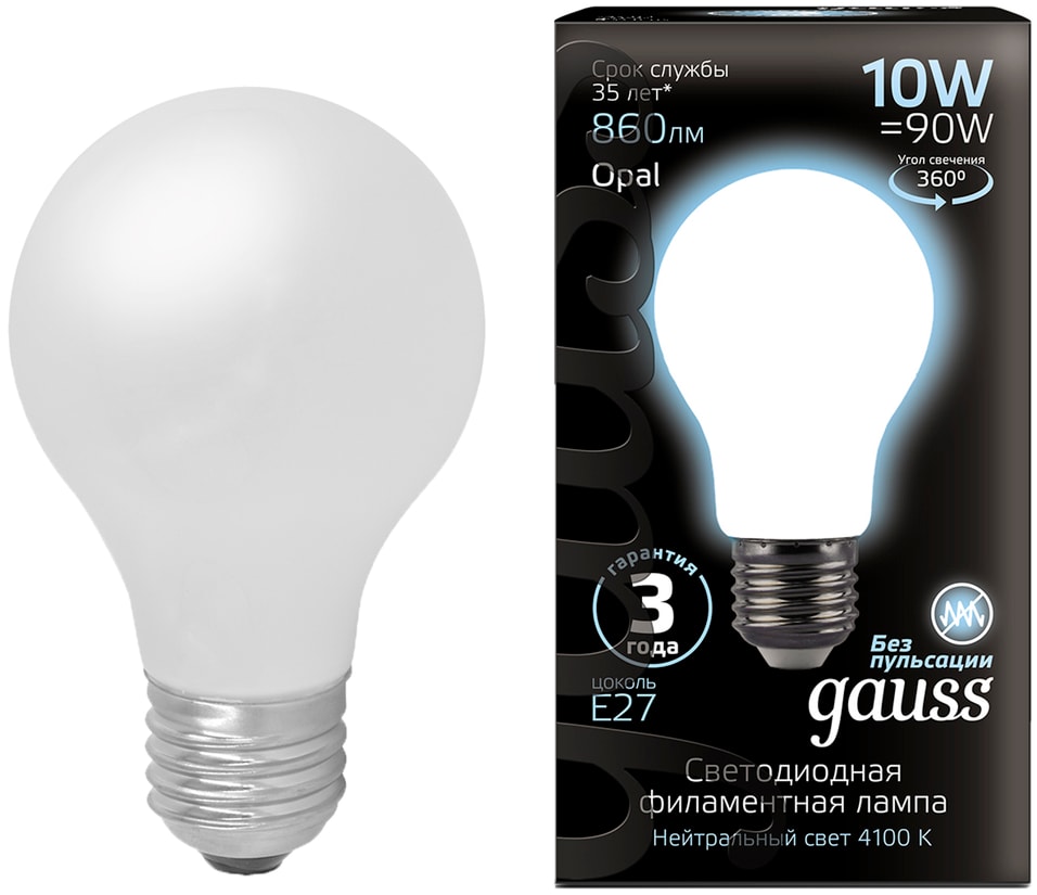 Лампа Gauss Filament А60 10W 860lm 4100К Е27 milky LED