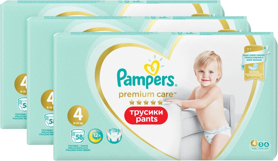 Подгузники трусики Pampers Premium Care 4 размер 9-15кг ультрамягкие 58шт упаковка 2 шт 3238₽