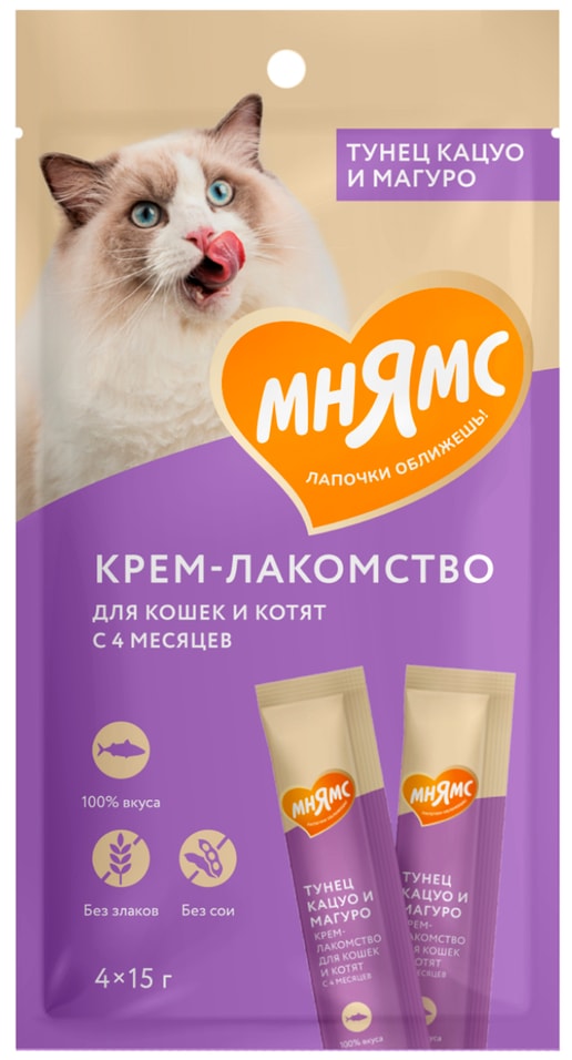 Крем-лакомство для кошек Мнямс с тунцом Кацуо и Магуро 15г*4шт