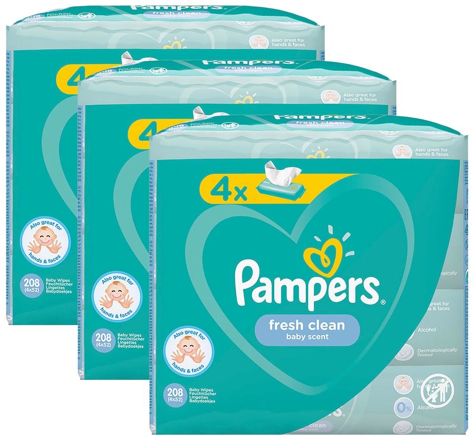 Салфетки влажные детские Pampers Fresh Clean 208шт упаковка 2 шт 1114₽