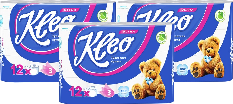 Туалетная бумага Kleo Ultra 12 рулонов 3 слоя (упаковка 3 шт.)